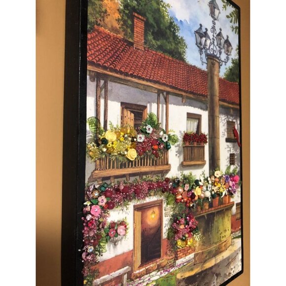 3D Italian Inspired Jewelry and Bead Enhanced Upcycled Art Floral Village Scene - Picture 7 of 8